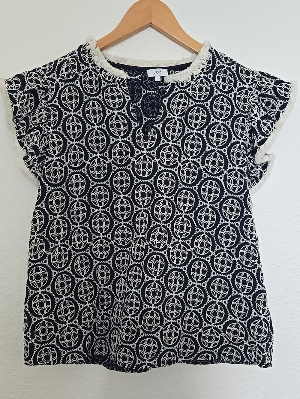 VOY Navy & White Geometric Embroidered With Short Fringe Sleeve Blouse Bohemian.
